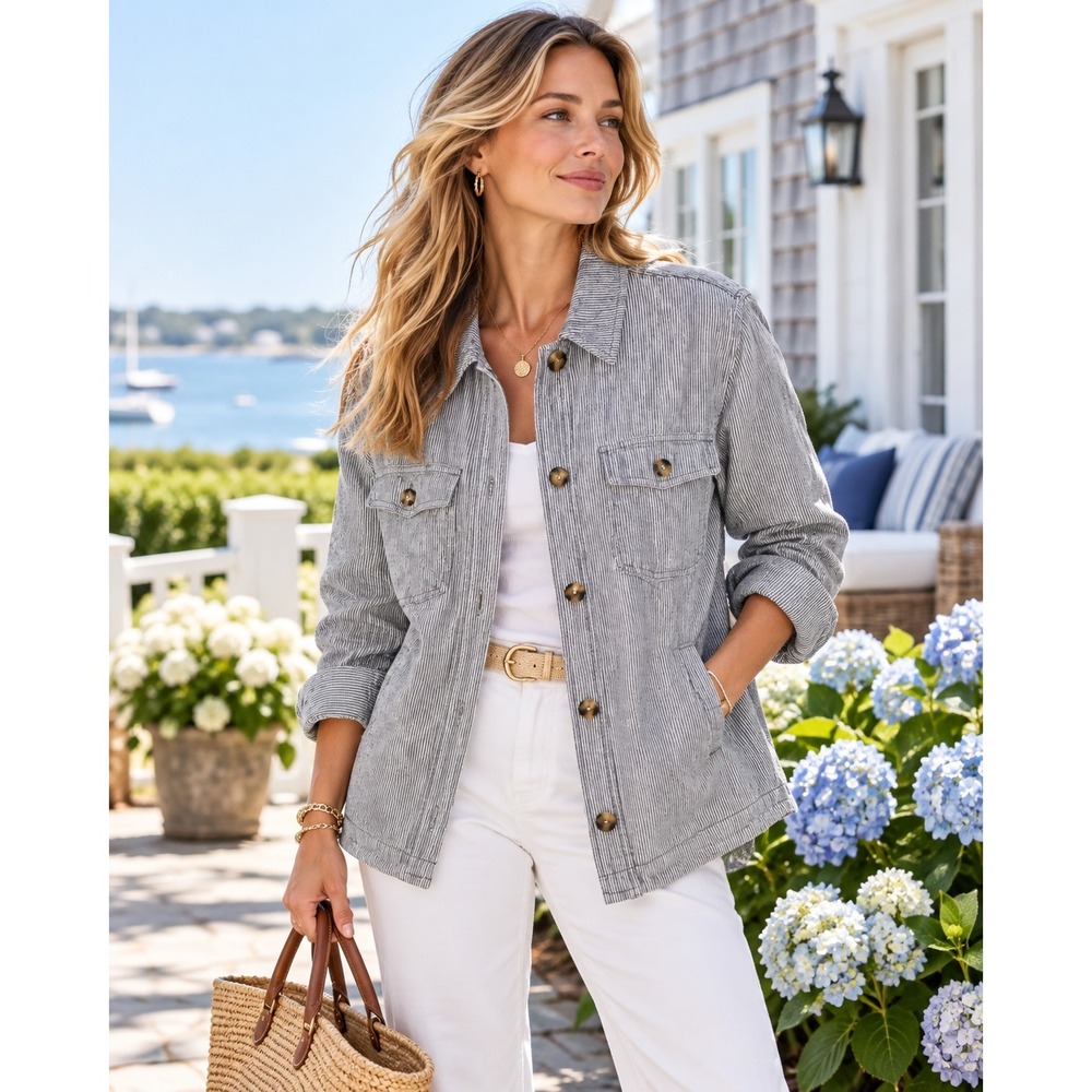 LOFT Womens Blue White Ticking Stripe Linen Blend Shirt Jacket Shacket XL